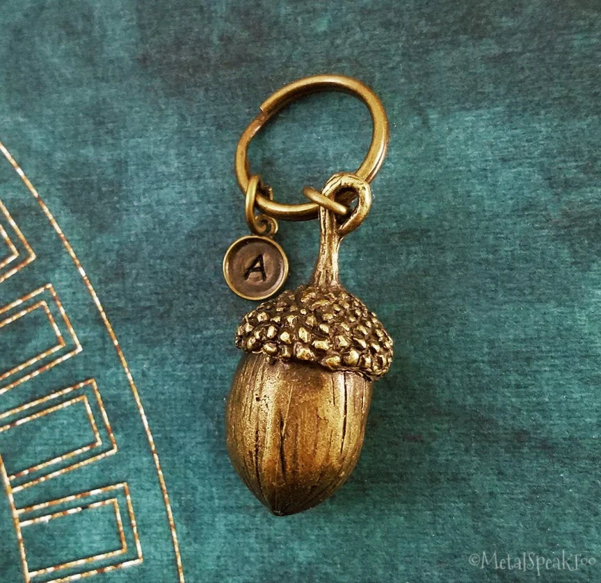 Acorn Keychain with Initial (Bronze-Toned)