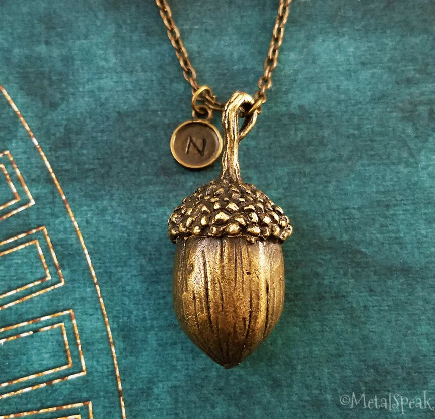 Acorn Necklace with Initial (Bronze-Toned)
