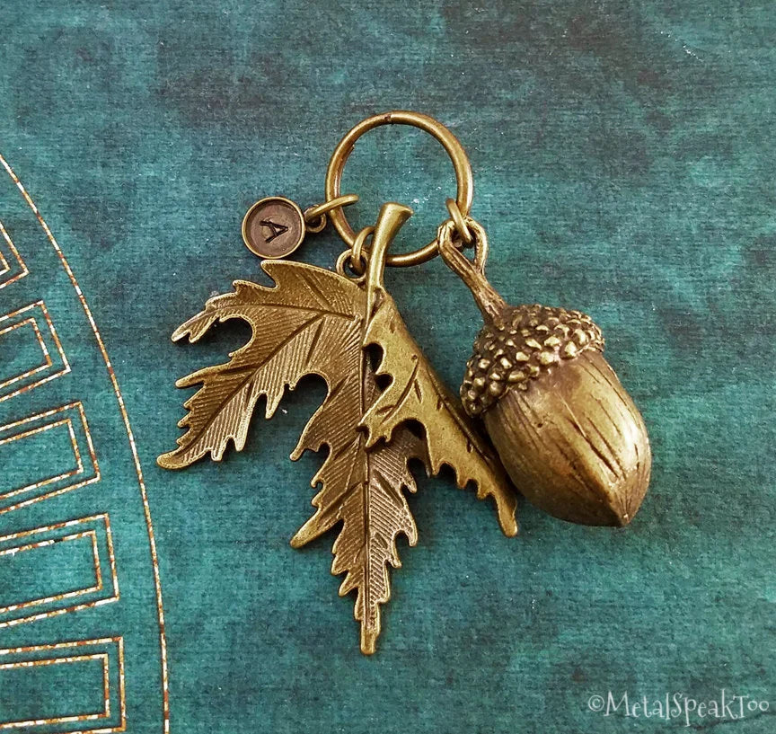 Acorn & Oak Leaf Keychain with Initial (Bronze-Toned)