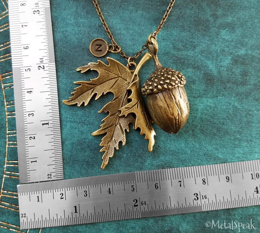 Acorn & Oak Leaf Keychain with Initial (Bronze-Toned)