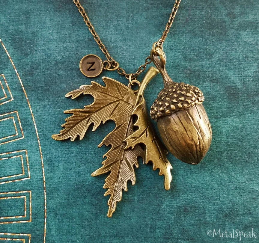 Acorn & Oak Leaf Necklace with Initial (Bronze-Toned)