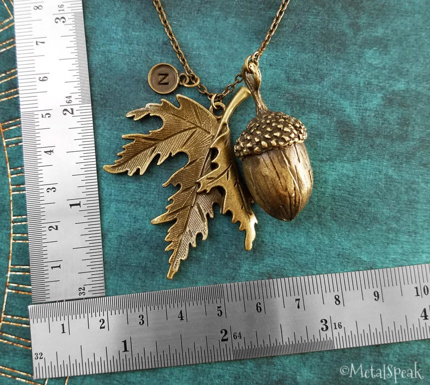 Acorn & Oak Leaf Necklace with Initial (Bronze-Toned)