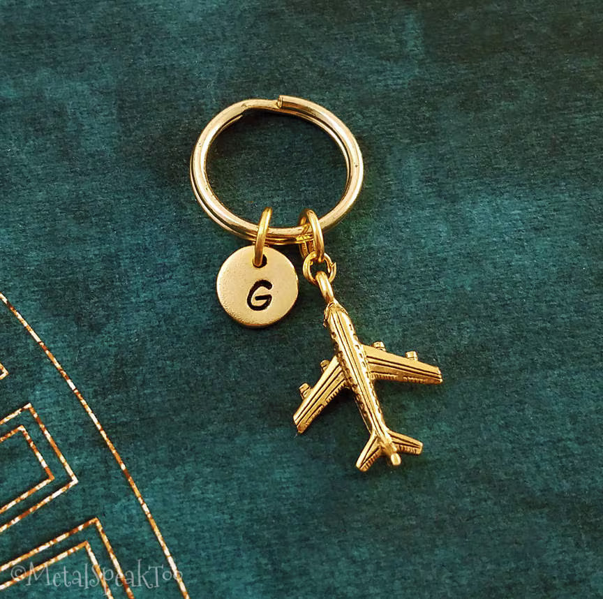 Airplane Keychain with Initial (Gold-Toned)