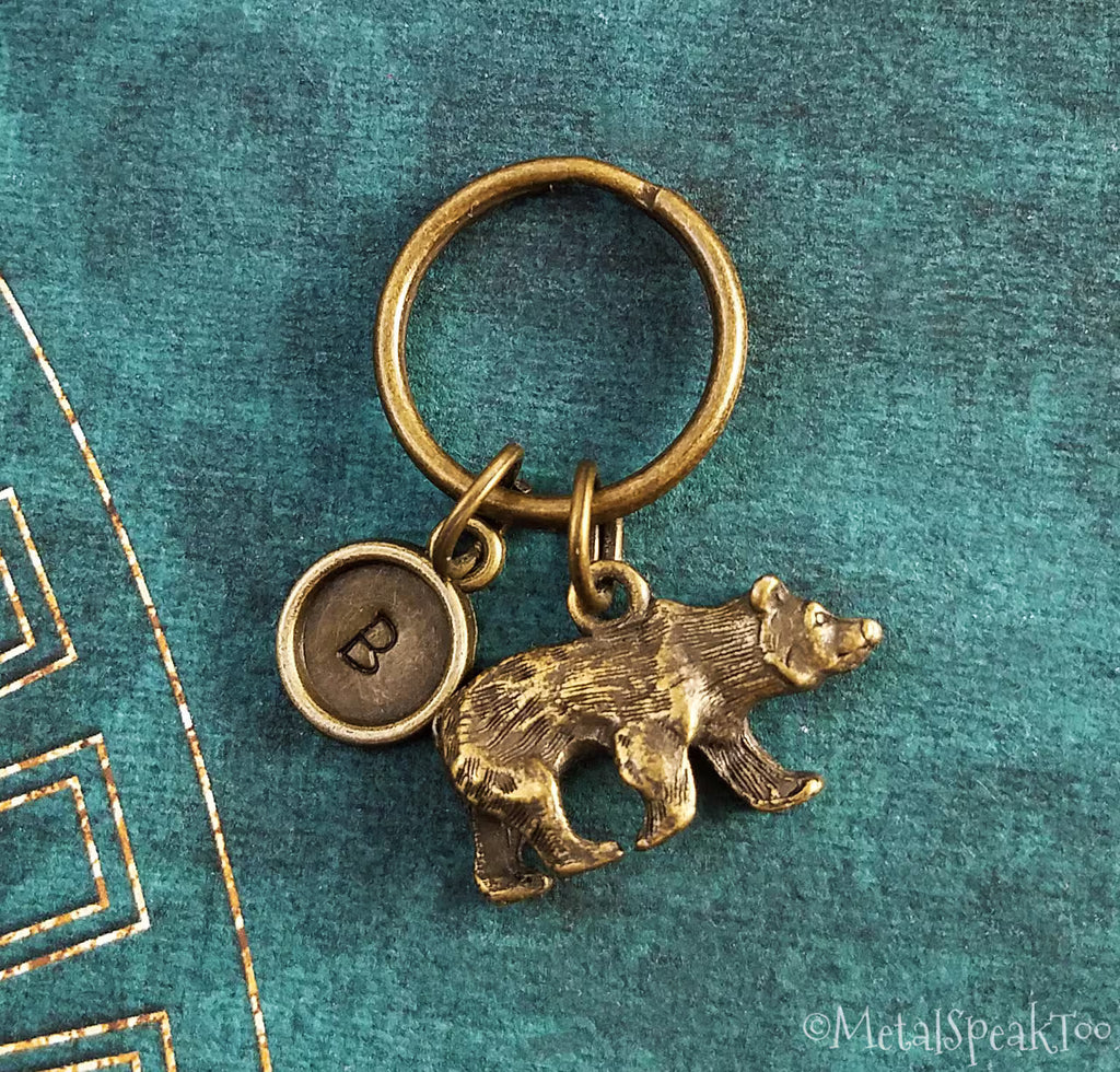 Bear Keychain with Initial (Bronze-Toned)