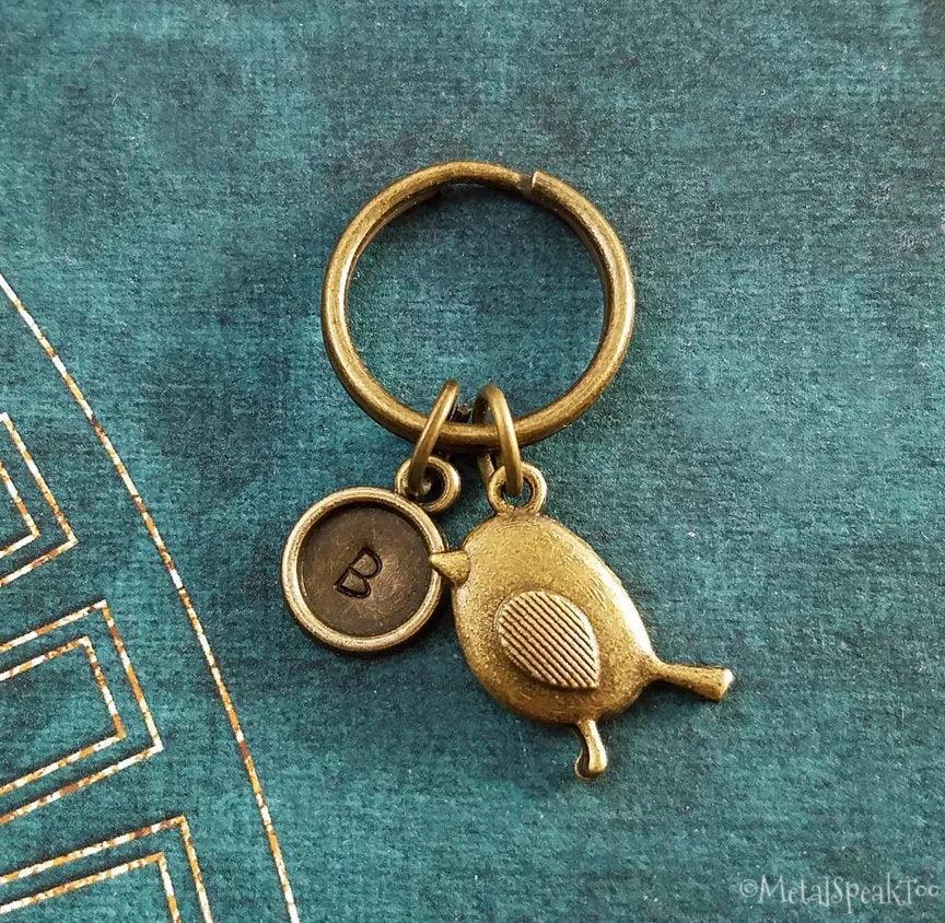 Bird Keychain with Initial (Bronze-Toned)