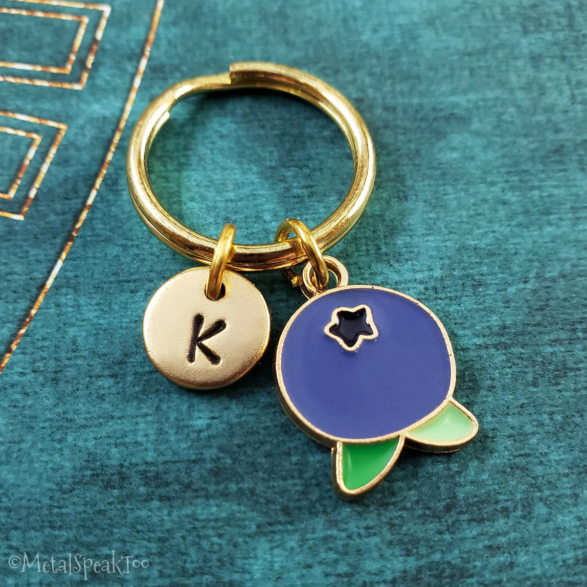 Blueberry Keychain with Initial (Gold-Toned)