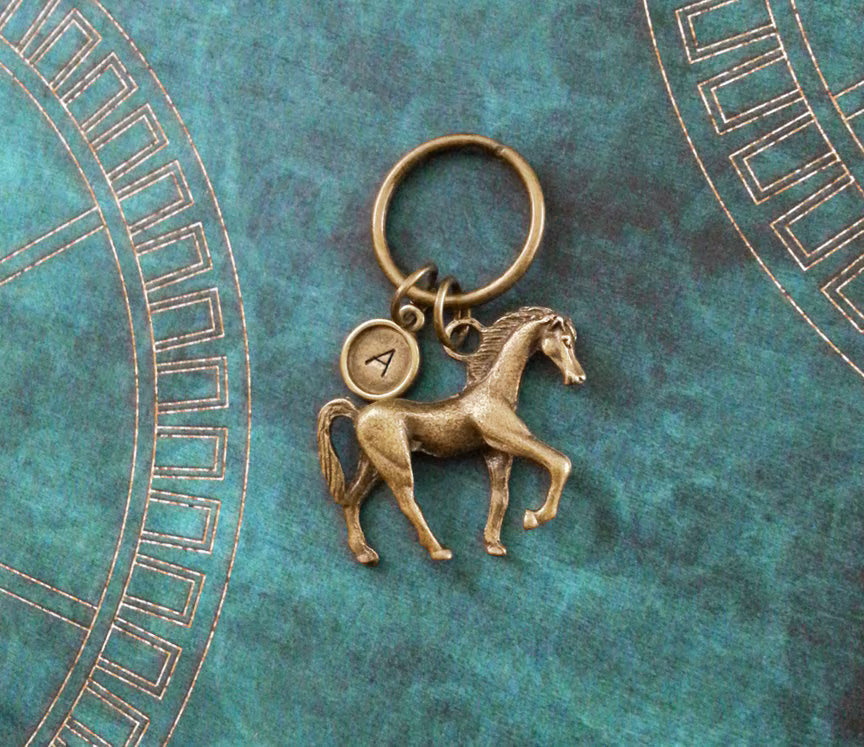 Horse Keychain with Initial (Bronze-Toned)