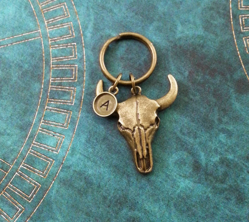 Bull Skull Keychain with Initial (Bronze-Toned)