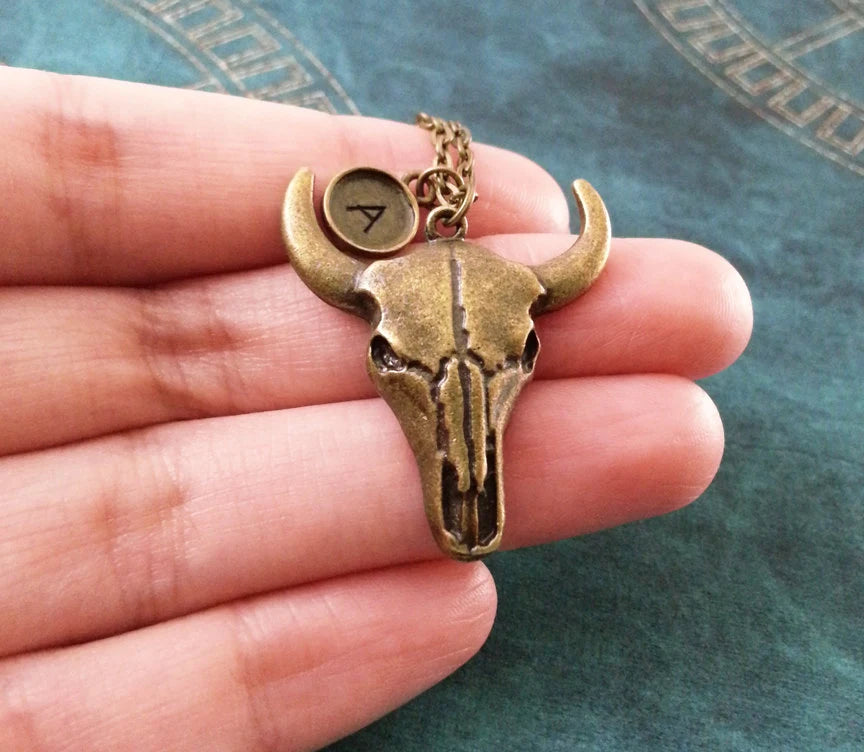 Bull Skull Keychain with Initial (Bronze-Toned)