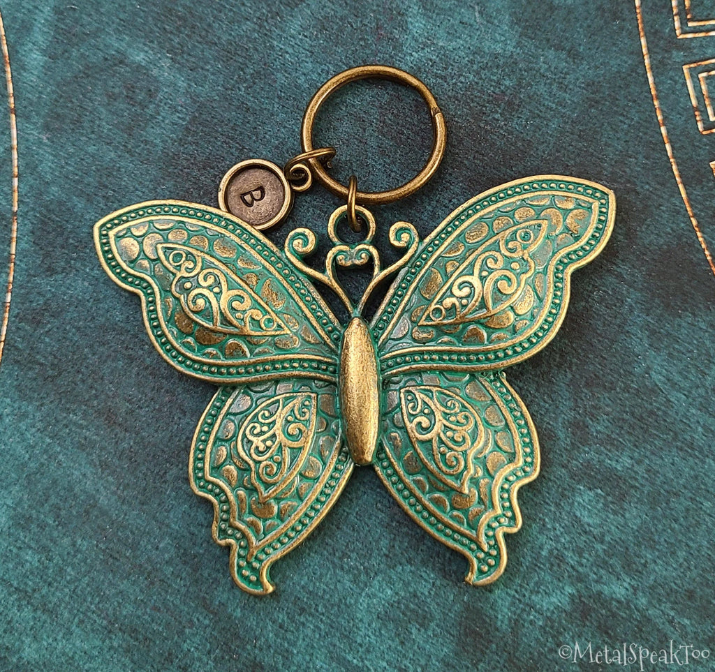 Butterfly Keychain with Initial (Bronze & Patina Verdigris)