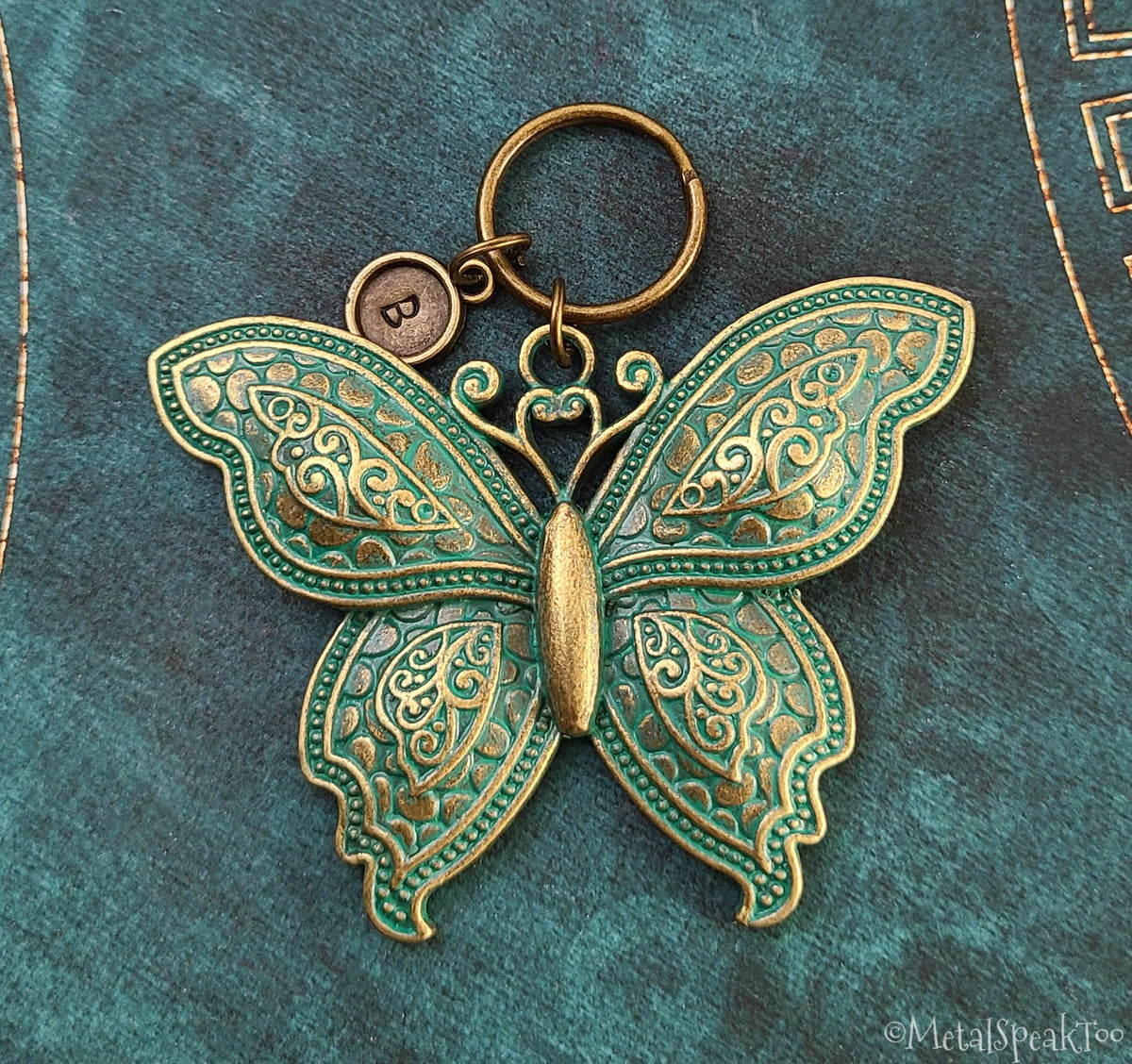 Butterfly Keychain with Initial (Bronze & Patina Verdigris)