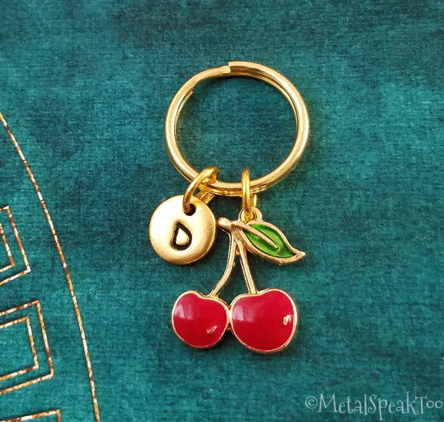 Cherry Keychain with Initial (Gold-Toned)