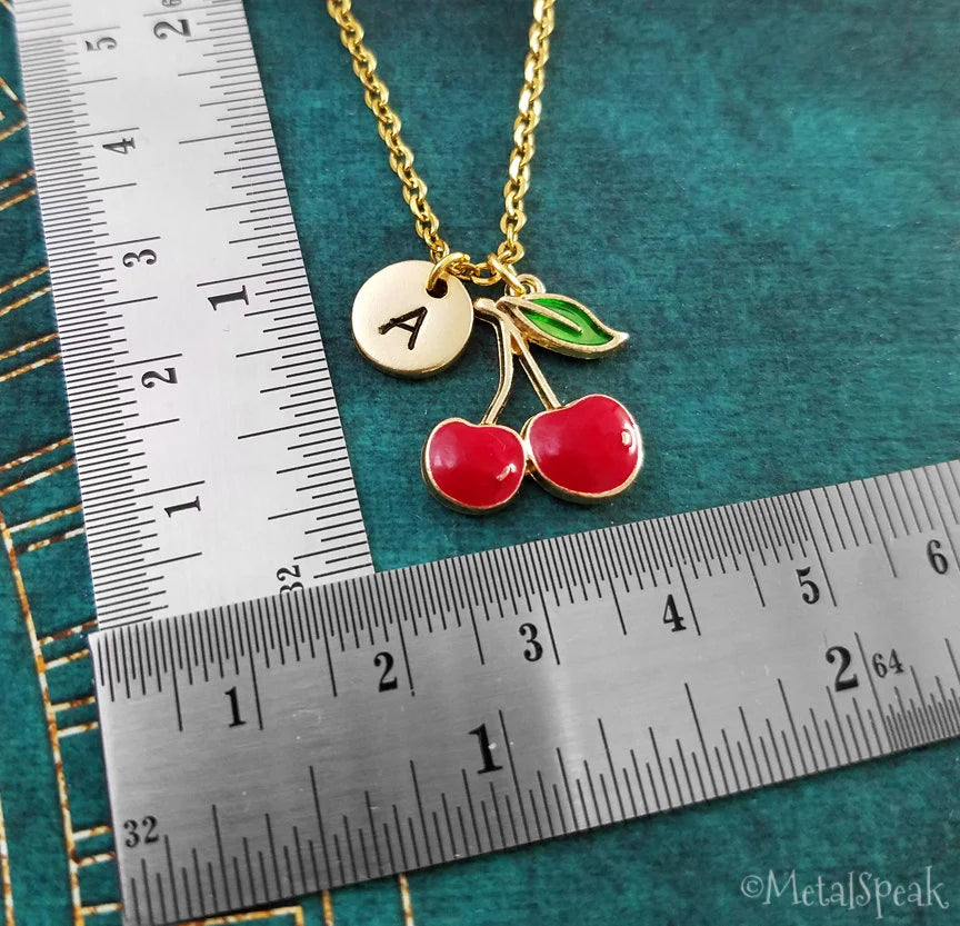 Cherry Keychain with Initial (Gold-Toned)