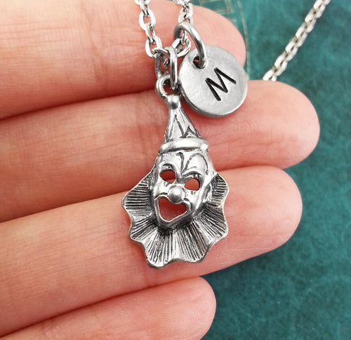 Clown Necklace with Initial (Silver-Toned)