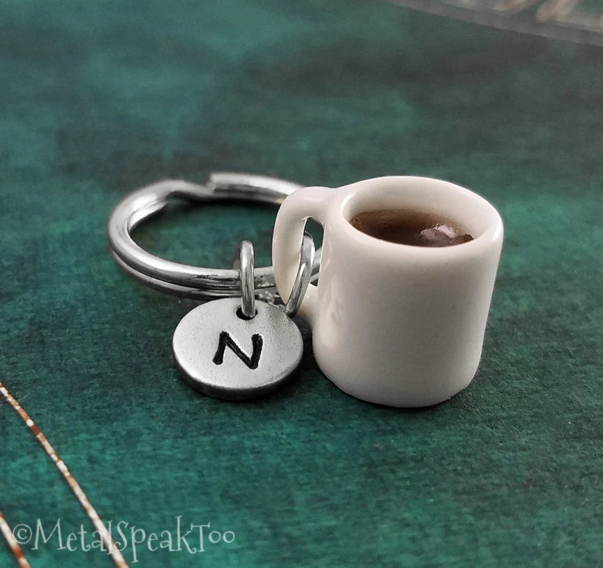 Coffee Mug Keychain with Initial (small) (Silver-Toned)