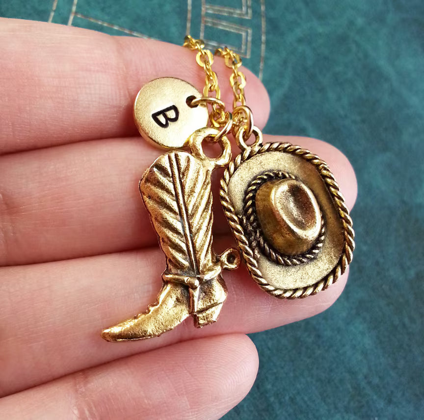 Cowboy Boot & Hat Necklace with Initial (Gold-Toned)
