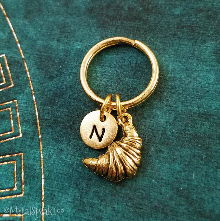 Croissant Keychain with Initial (Gold-Toned)