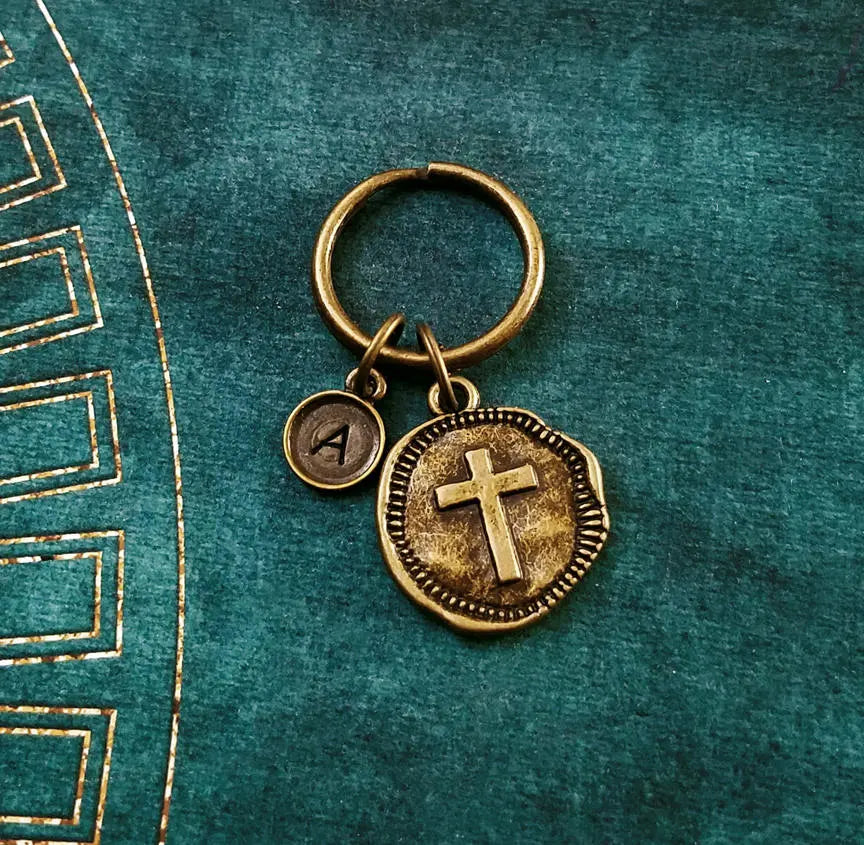 Cross Medallion Keychain with Initial (Bronze-Toned)