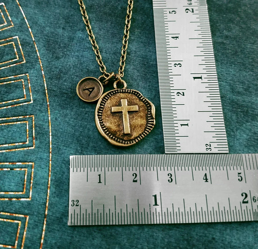 Cross Medallion Keychain with Initial (Bronze-Toned)