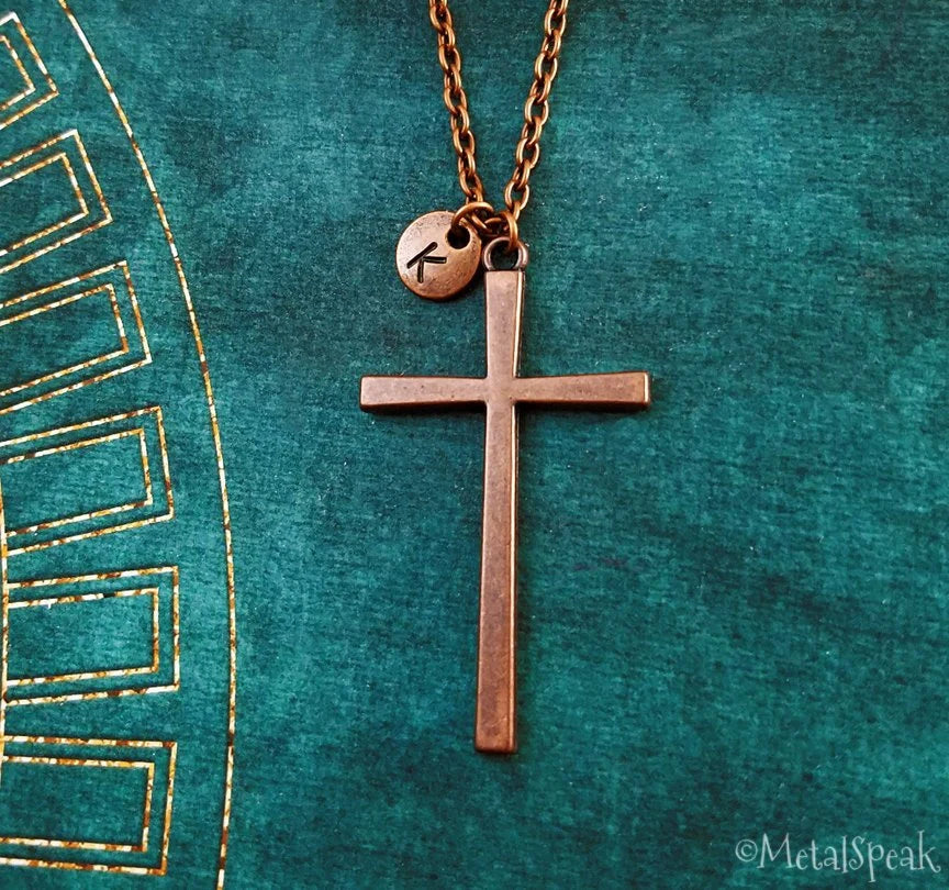 Cross Necklace with Initial (Copper-Toned)