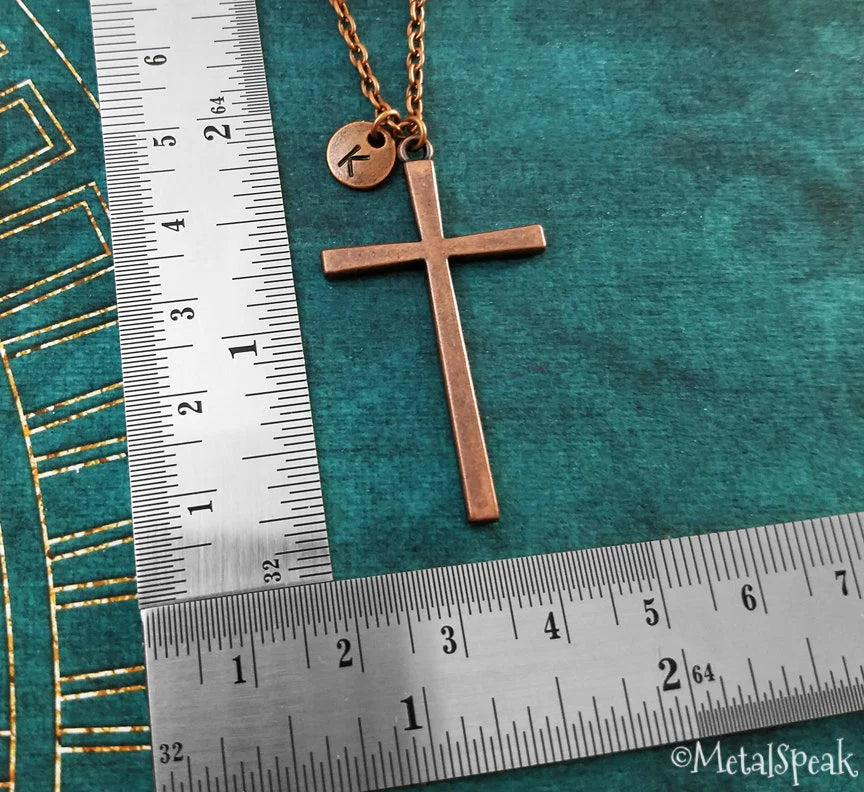 Cross Necklace with Initial (Copper-Toned)