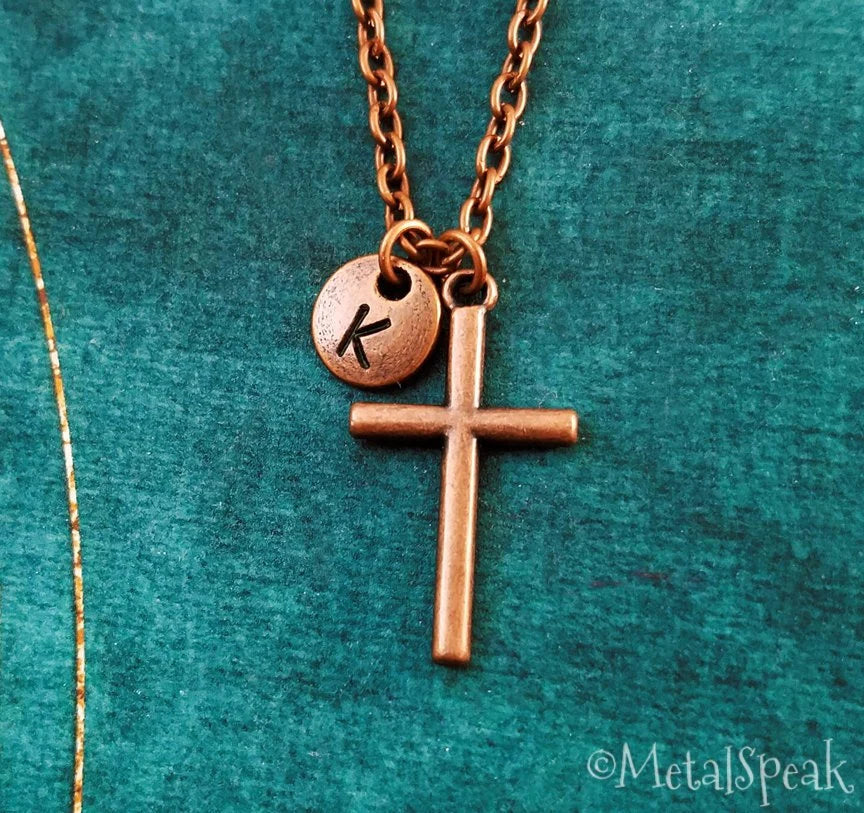 Cross Necklace with Initial (Copper-Toned)