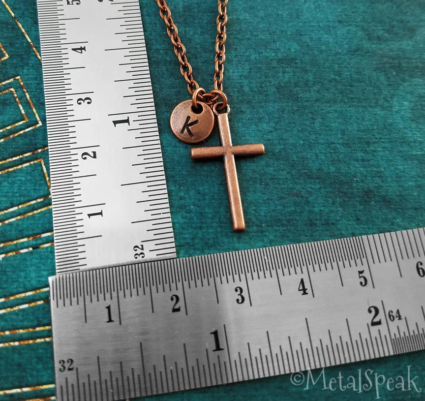 Cross Necklace with Initial (Copper-Toned)
