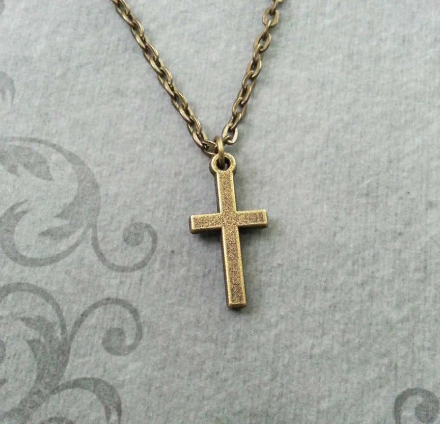Small Cross Pendant Necklace (Antique Bronze-tone)