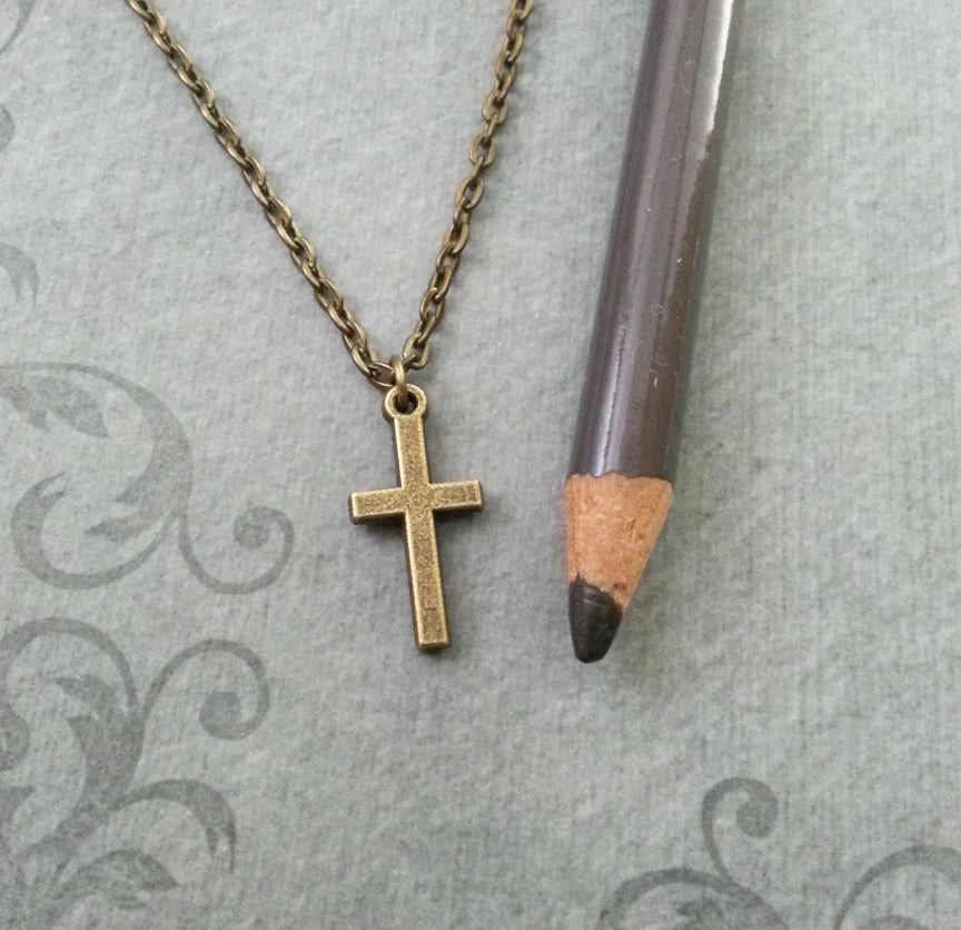 Small Cross Pendant Necklace (Antique Bronze-tone)