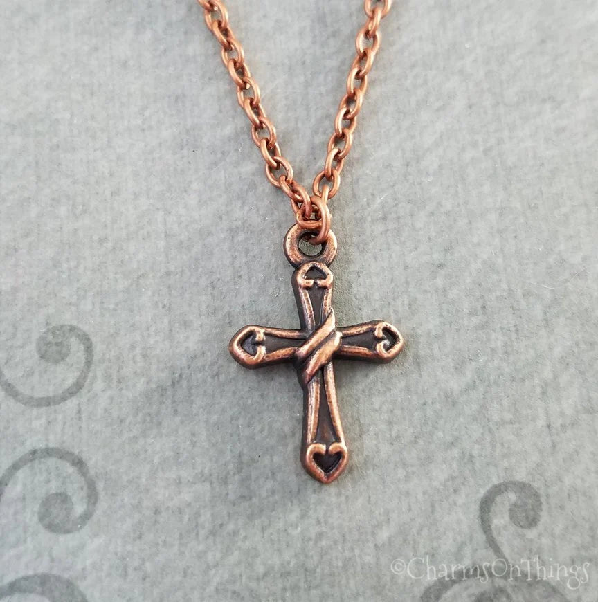 Ornate Cross Charm Necklace (Copper-tone)