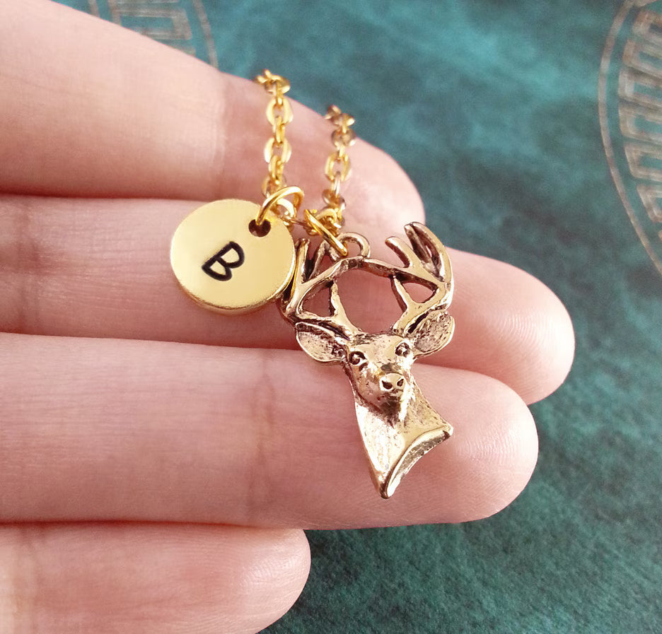 Deer Head Initial Necklace (Gold-Toned)