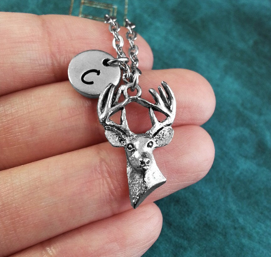 Deer Head Initial Necklace (Silver-Tone)