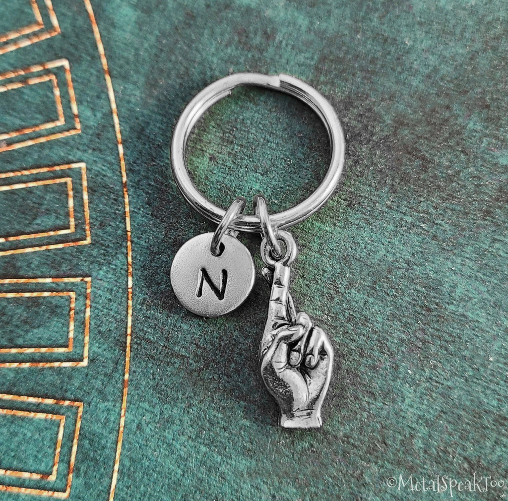 Fingers Crossed Keychain with Initial (Silver-Toned)