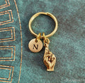 Fingers Crossed Keychain with Initial (Gold-Toned)