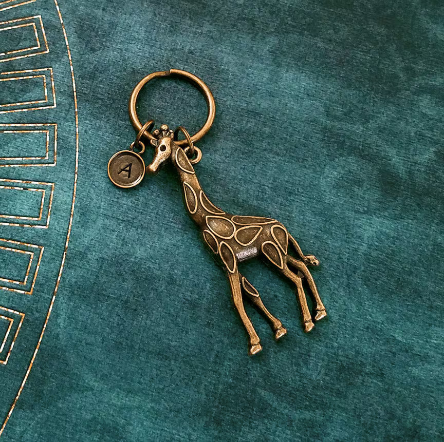Giraffe Keychain with Initial (Bronze-Toned)
