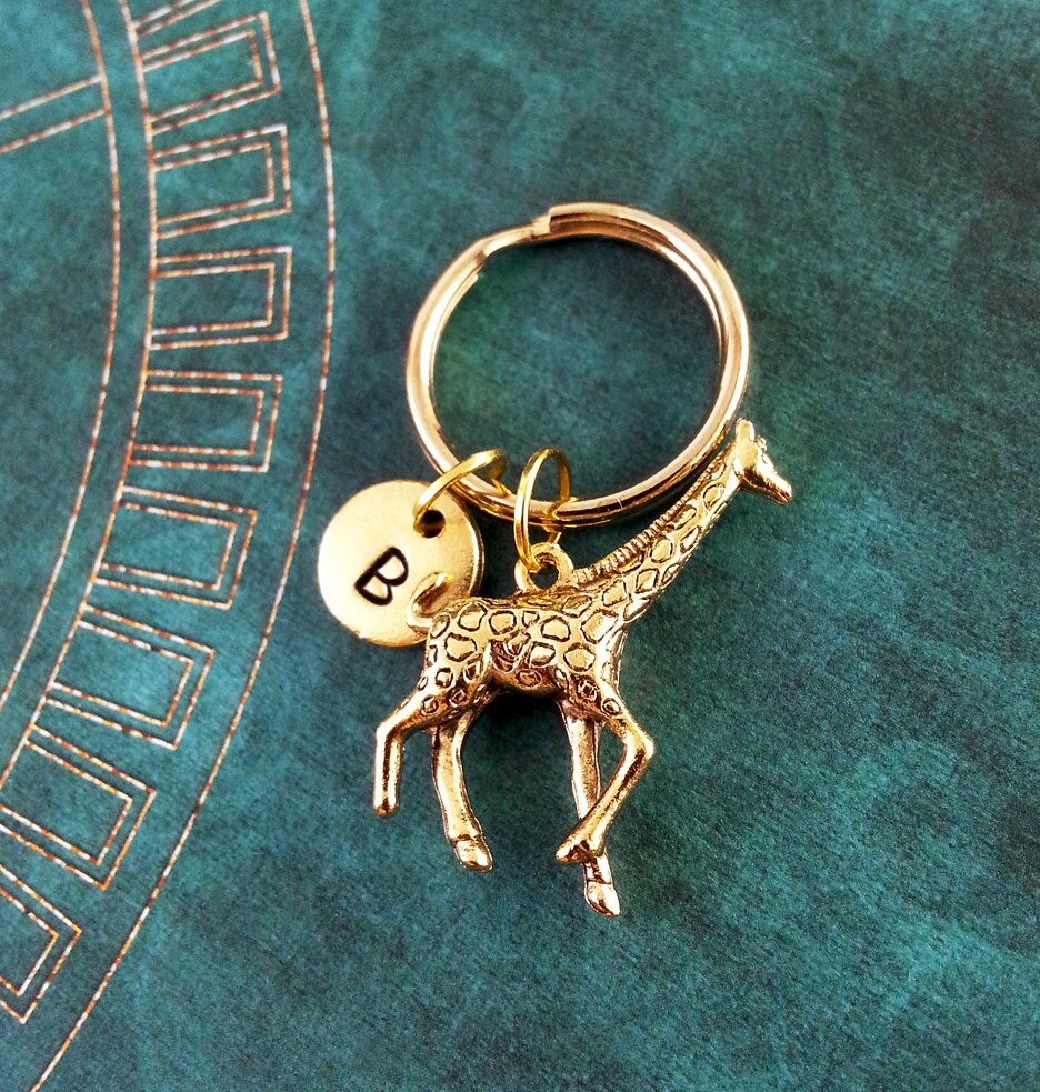 Giraffe Keychain with Initial (Gold-Toned)