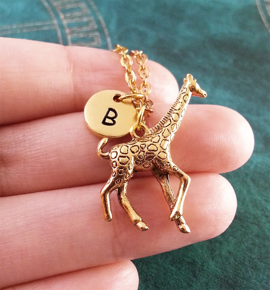 Giraffe Keychain with Initial (Gold-Toned)