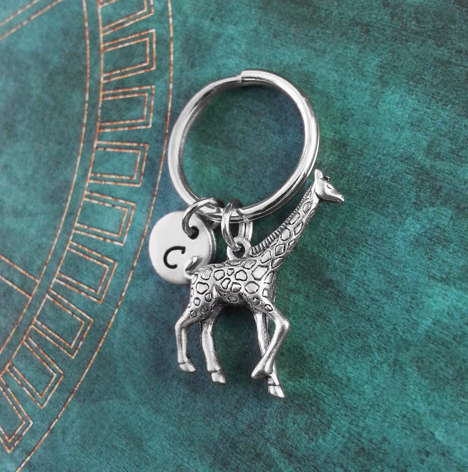 Giraffe Keychain with Initial (Silver-Toned)