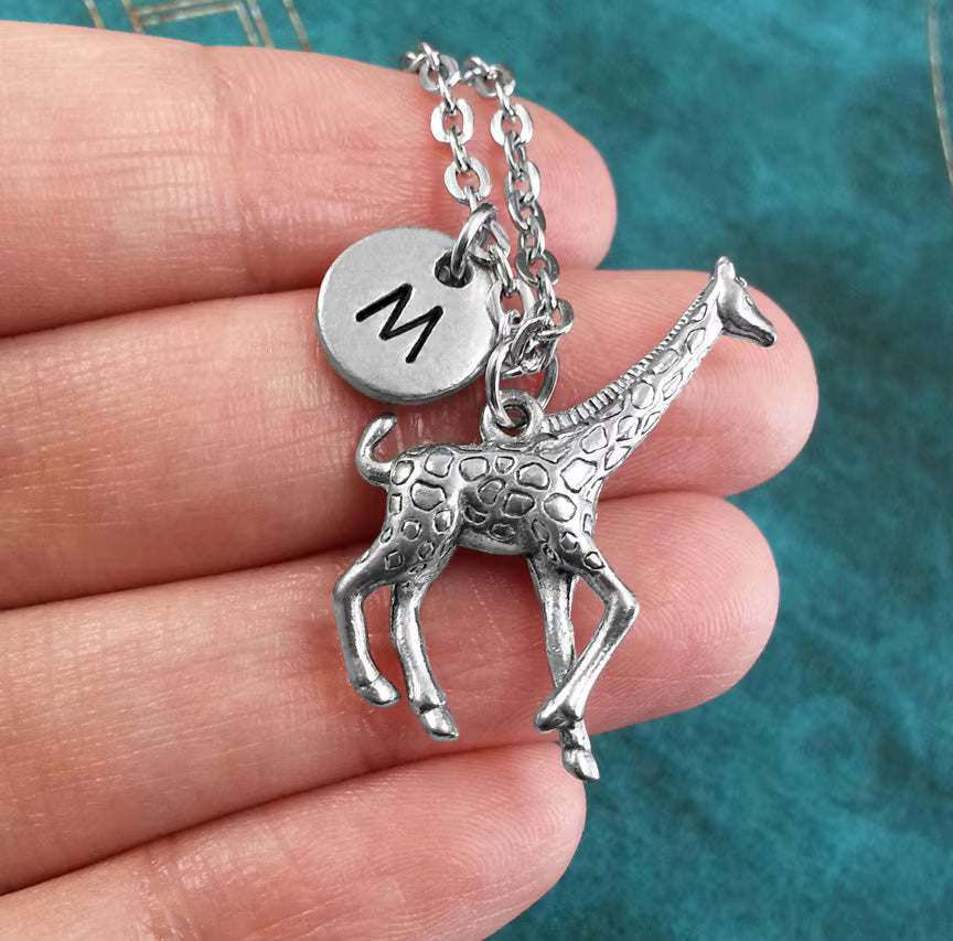 Giraffe Keychain with Initial (Silver-Toned)