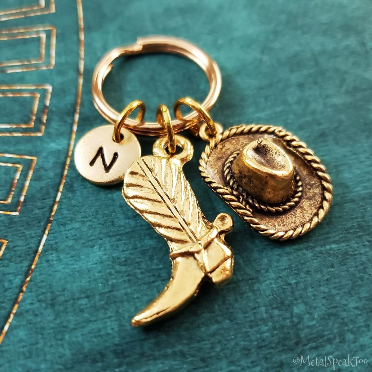 Cowboy Boot & Hat Keychain with Initial (Gold-Toned)