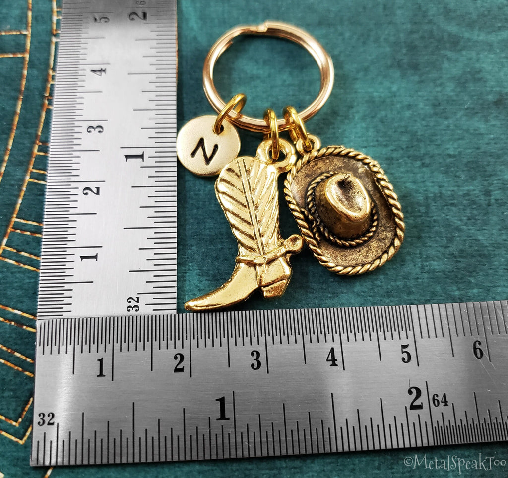 Cowboy Boot & Hat Keychain with Initial (Gold-Toned)