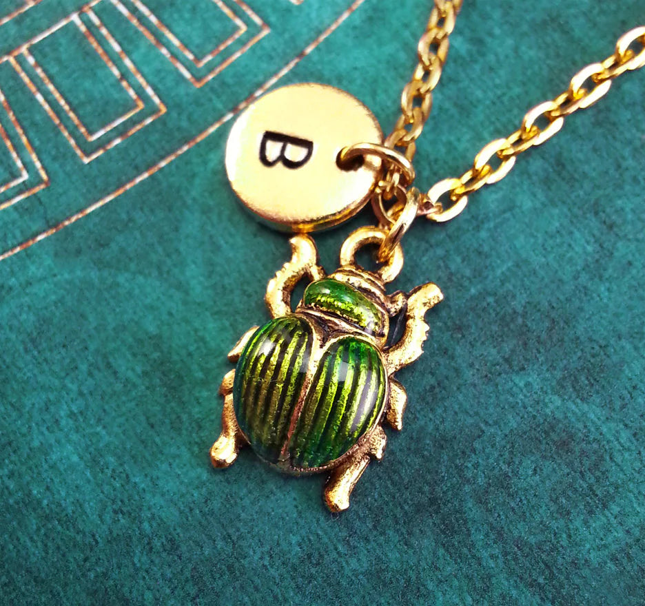 Green Scarab Beetle Necklace with Initial (Gold-Toned)