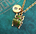 Green Scarab Beetle Necklace with Initial (Gold-Toned)