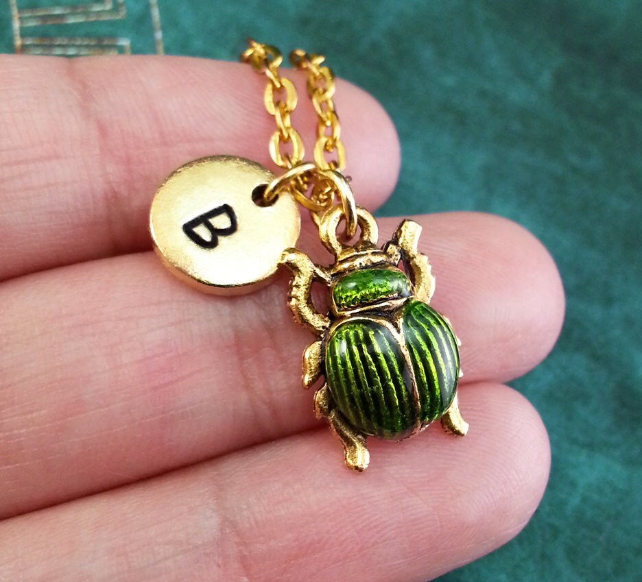 Green Scarab Beetle Necklace with Initial (Gold-Toned)