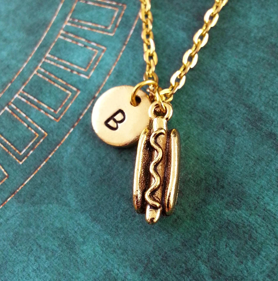 Hotdog Hot Dog Necklace with initial (Gold-toned)