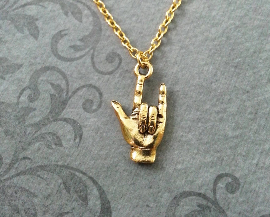 "I Love You" Hand Sign Charm Necklace (Gold-tone)