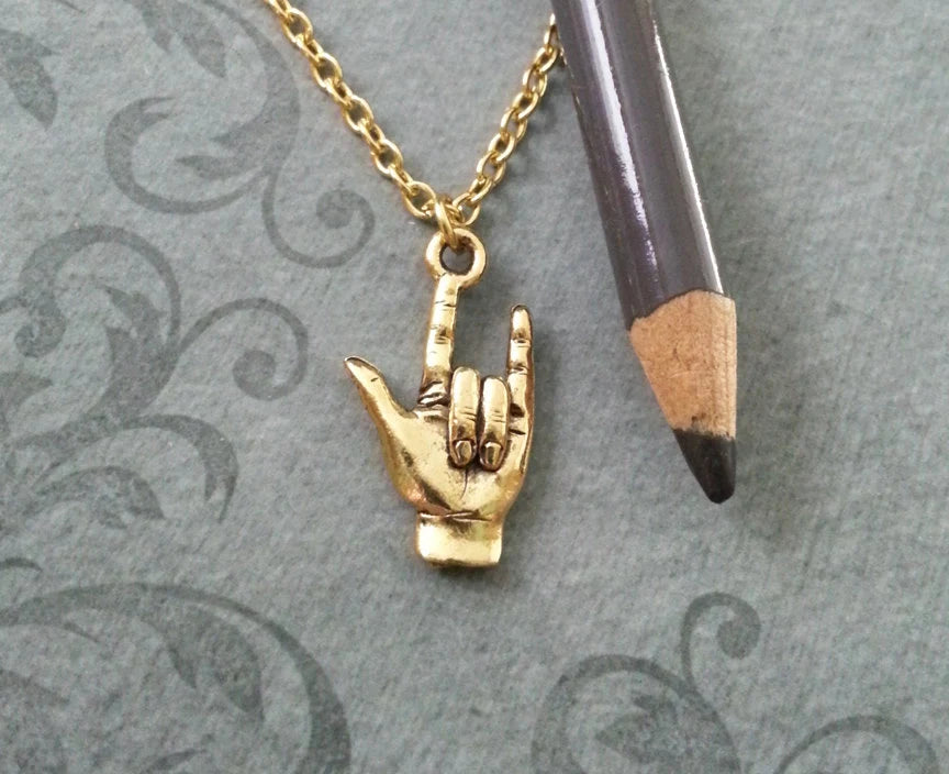 "I Love You" Hand Sign Charm Necklace (Gold-tone)