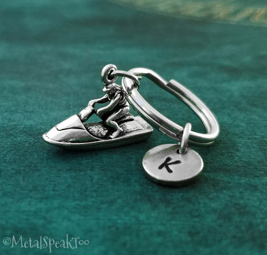 Jet Ski Keychain with Initial (Silver-Toned)