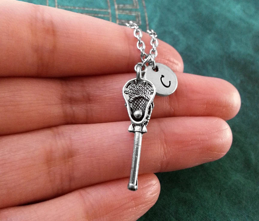 Lacrosse Necklace with Initial (Silver-Toned)