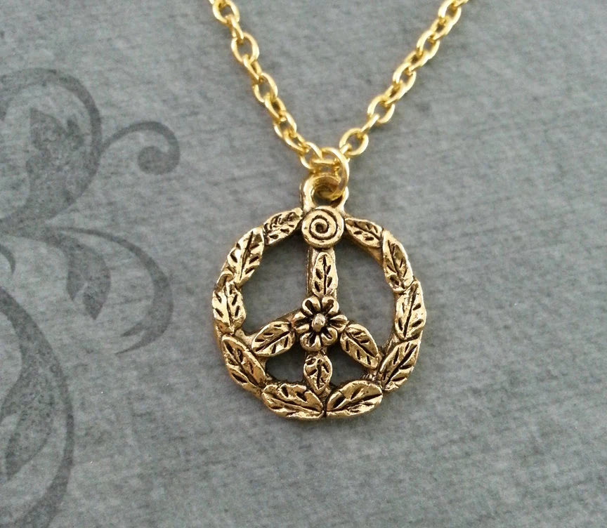 Floral Peace Sign Charm Necklace (Gold-tone)